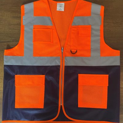 Baskılı Reflektörlü Fileli Cepli Mühendis Yeleği Turuncu Lacivert Renkli, CE, EN ISO 20471
