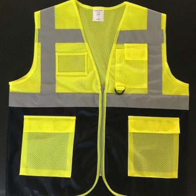 Baskılı Reflektörlü Fileli Cepli Mühendis Yeleği, Sarı Lacivert Renkli, CE, EN 471